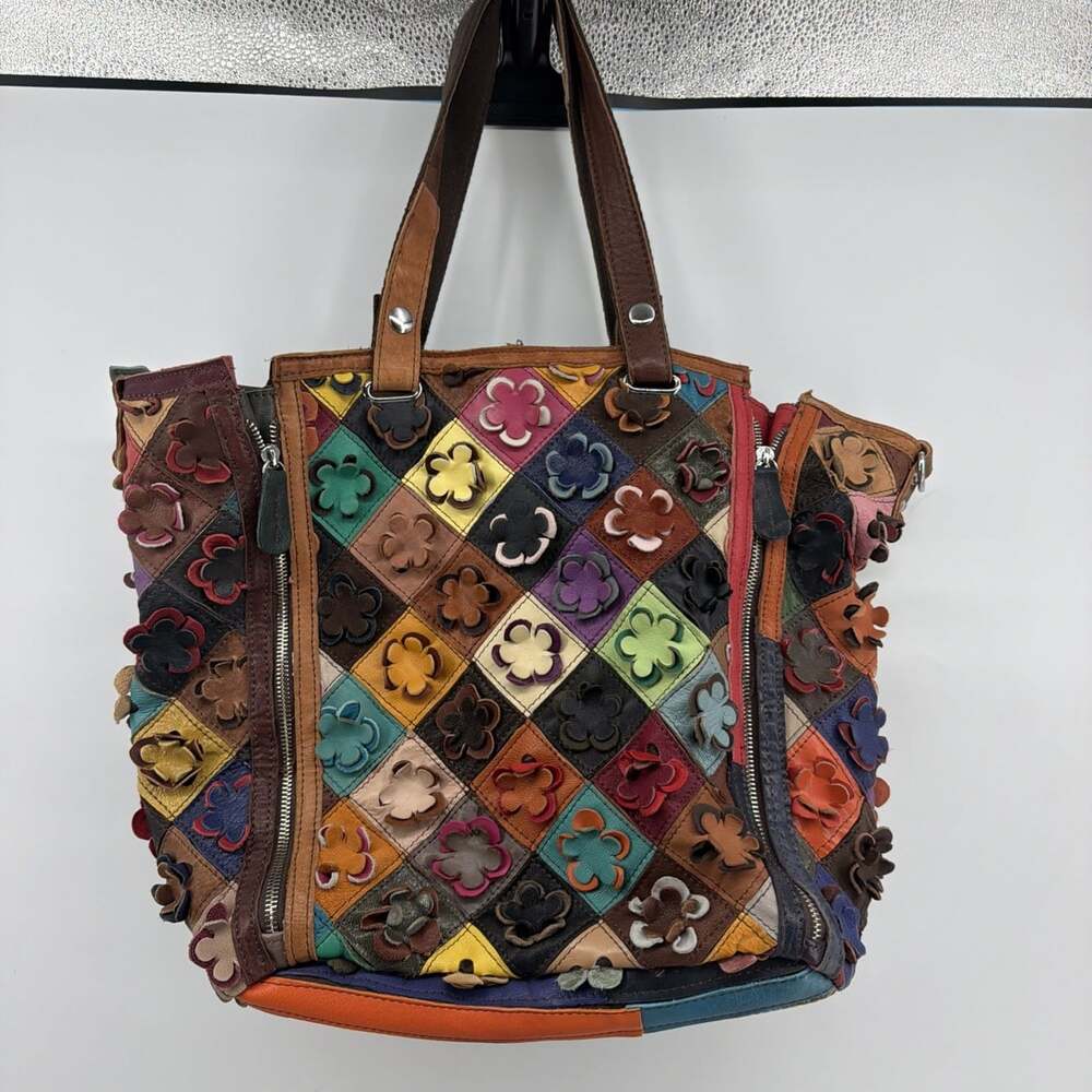Genuine Leather Colorful Floral Patchwork Handbag Women's Tote Shoulder Bag